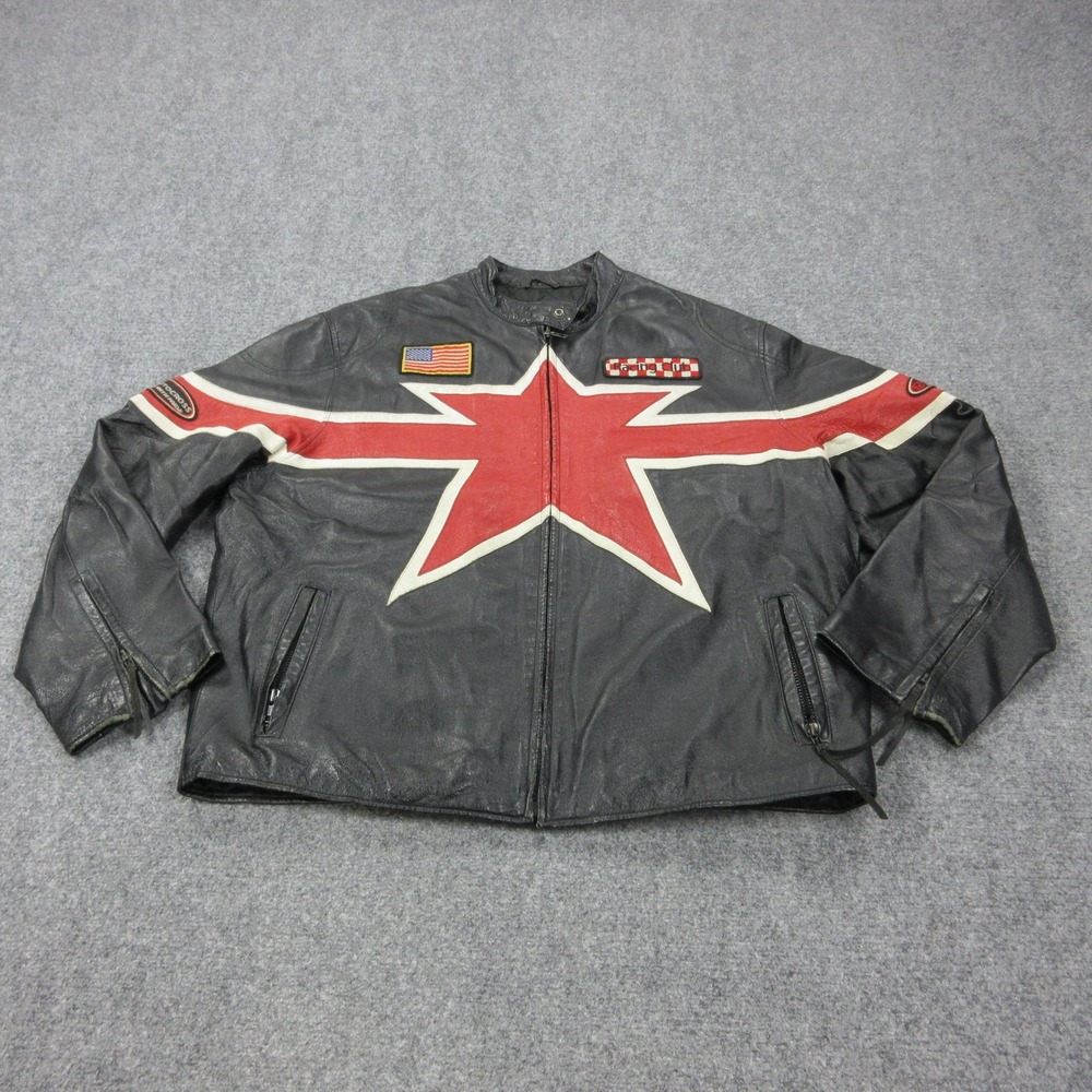 Max U.S.A. Jacket Mens XL Black Leather Motorcycle Racing Star Patches USA